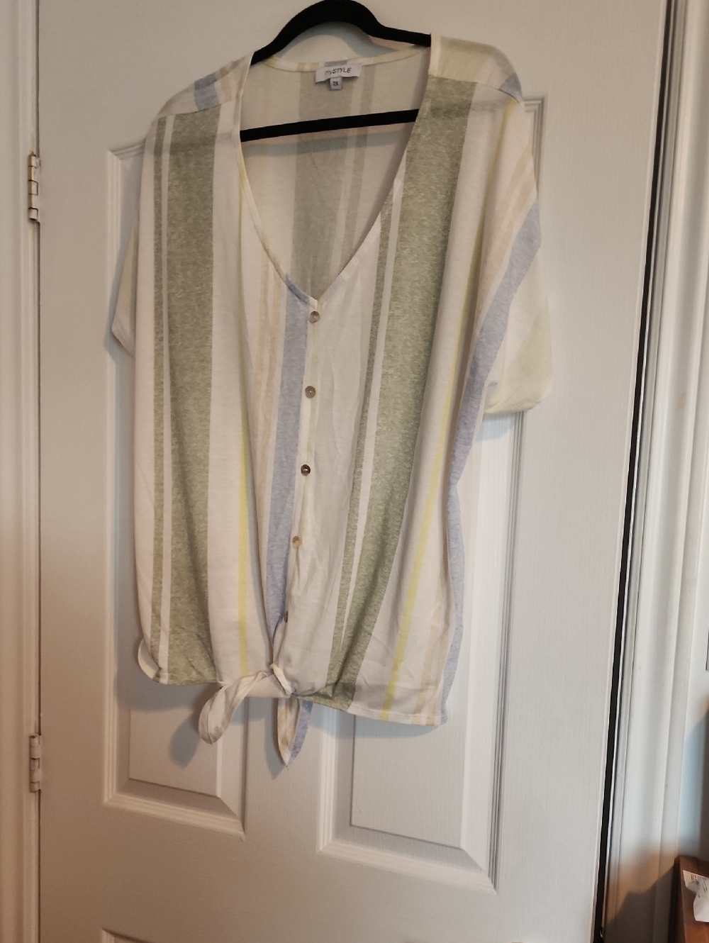 Button Front Tie-Hem Striped Blouse - Green, Blue, Yellow, White